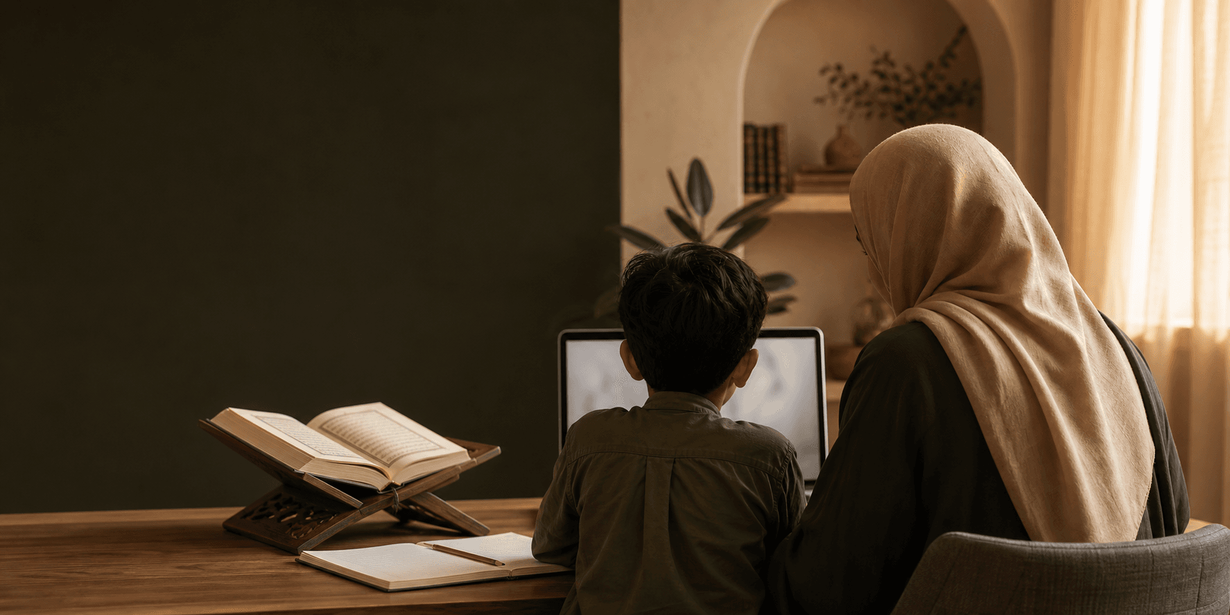 A parent and child sharing a calm online Quran learning moment at home